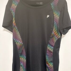 FILA Women's Black Tee with Multicolor Stripes